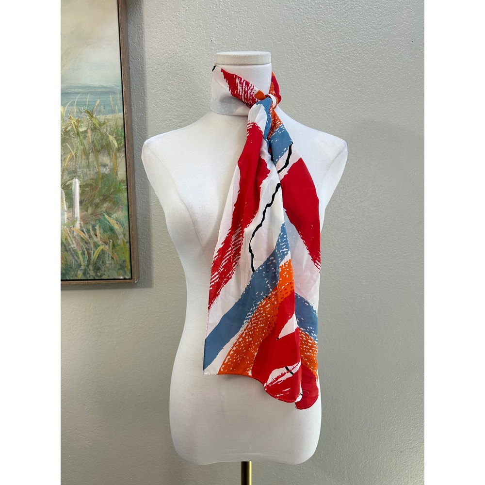 Vintage Avon Japan Abstract Brushstroke Scarf Red Blue Orange White Geometric